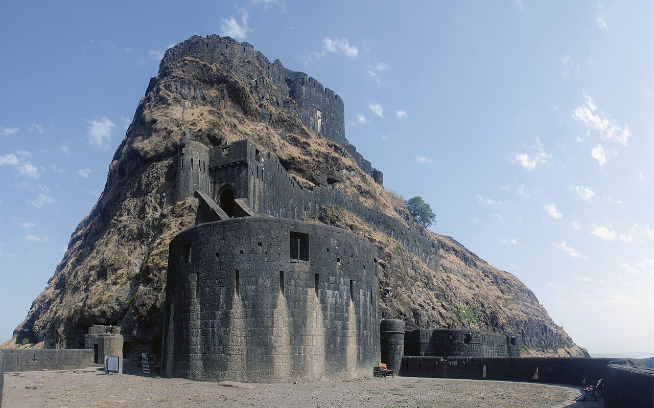 Stone bastions and walls of Lohagad Fort near Lonavala