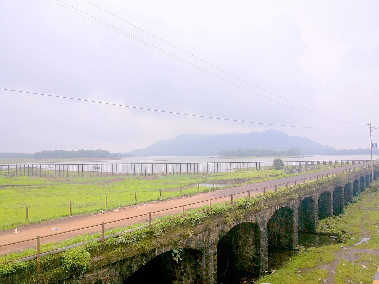 Wide view of seasonal Lonavala Lake during monsoon