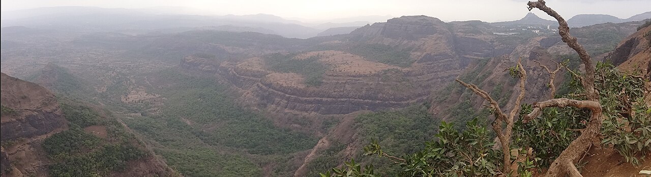 Panoramic view of the valley from Tiger's Point cliff in Lonavala